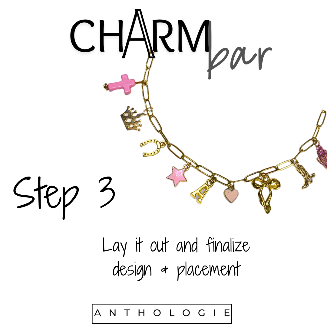 Charm bar with various charms on a white background, featuring the brand 'Charm Bar' and 'Anthologie'.