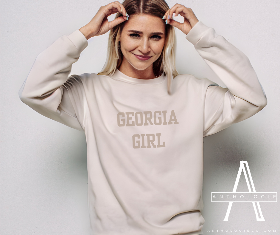 Front view of Georgia Girl monochromatic sweatshirt in neutral tone