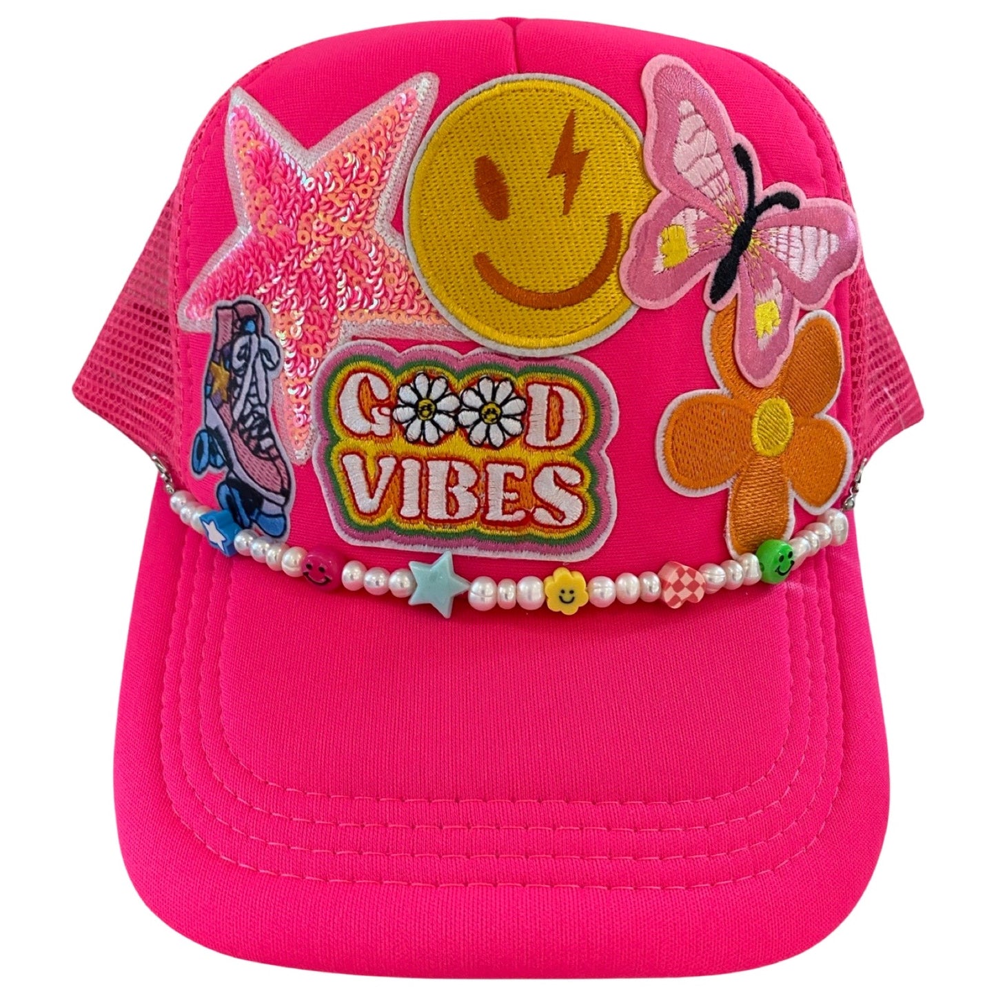 Neon Pink Hat with Multiple Patches