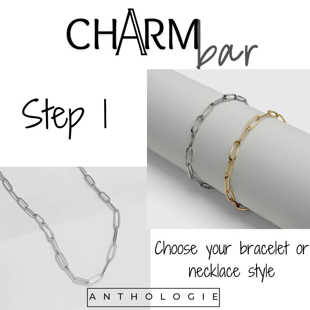 Bracelet and necklace with 'Charm Bar' branding on a white background