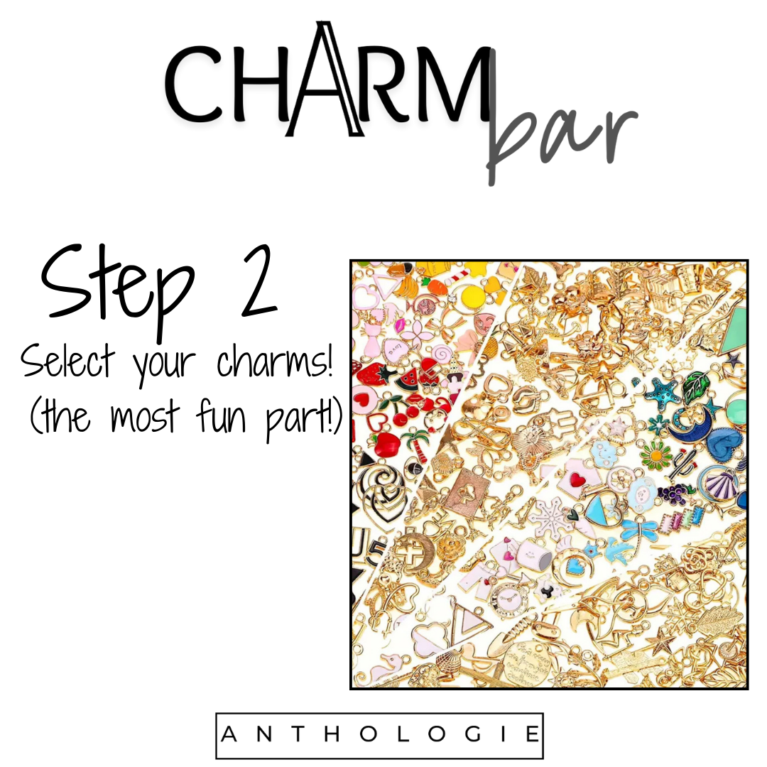 Promotional graphic for Charm Bar by Anthologie with a collage of charms on a white background.