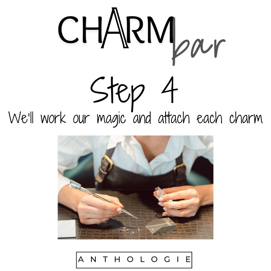 Step 4 of a process involving attaching charms, with 'Charm Bar' branding.