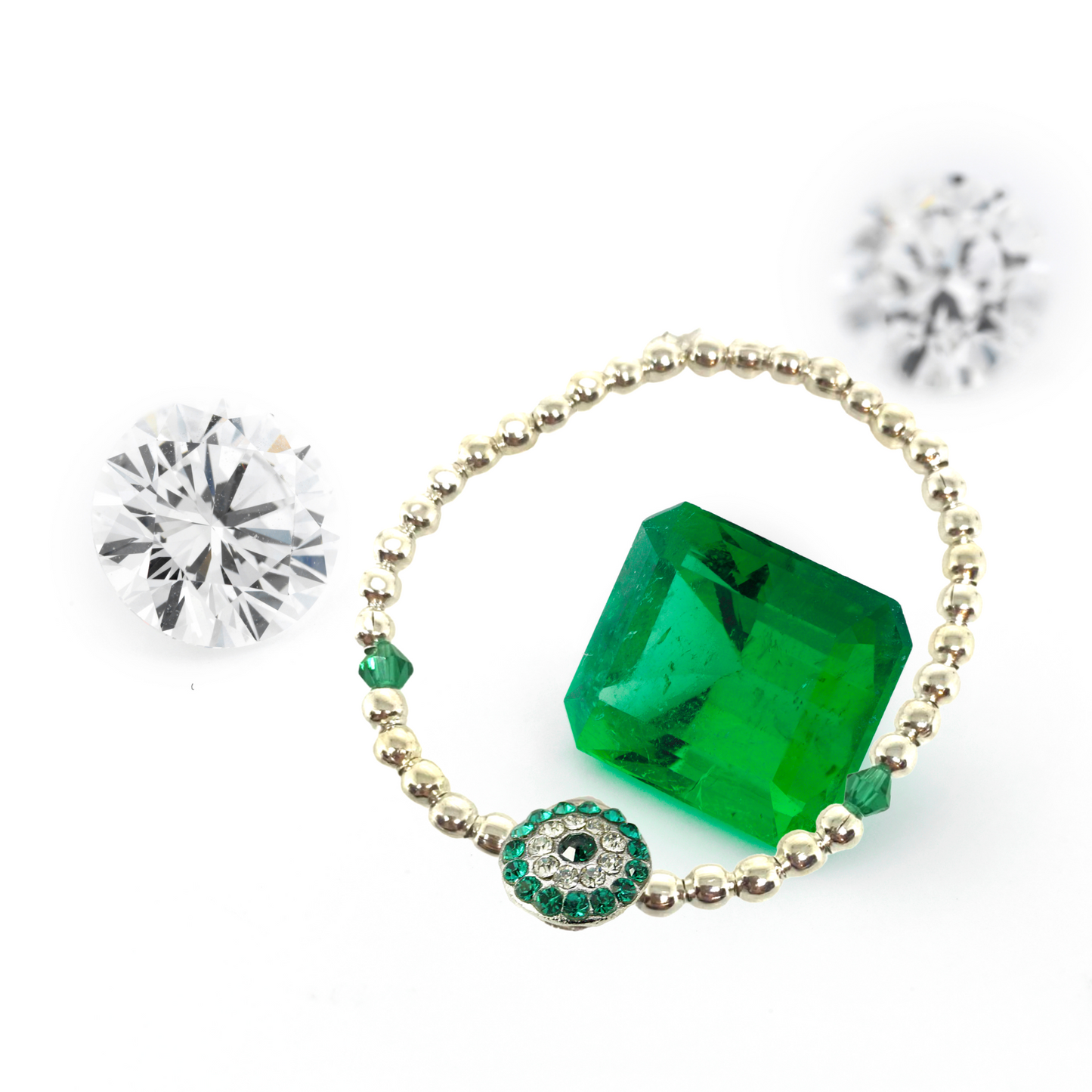 Emerald and Silver Beaded Stretch Bracelet