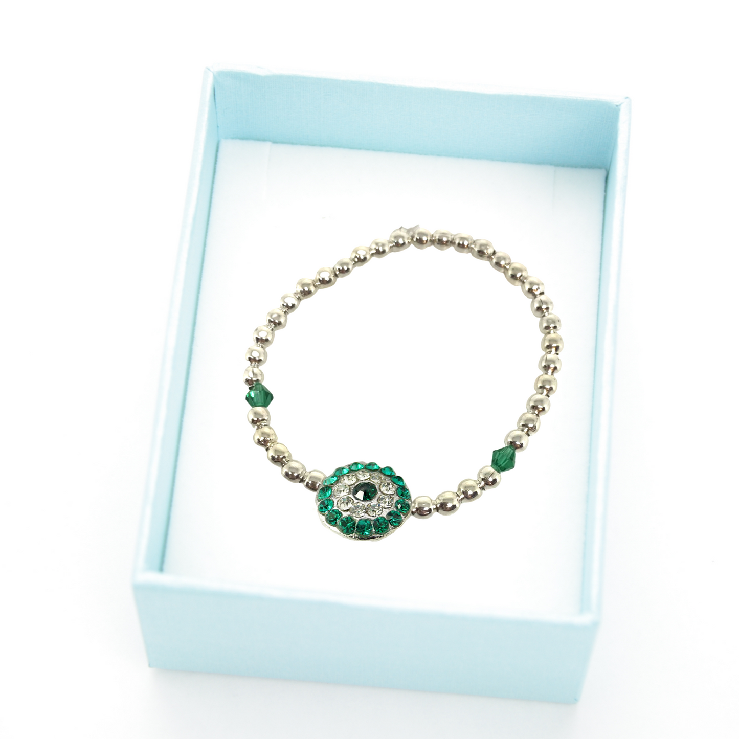 Emerald and Silver Beaded Stretch Bracelet