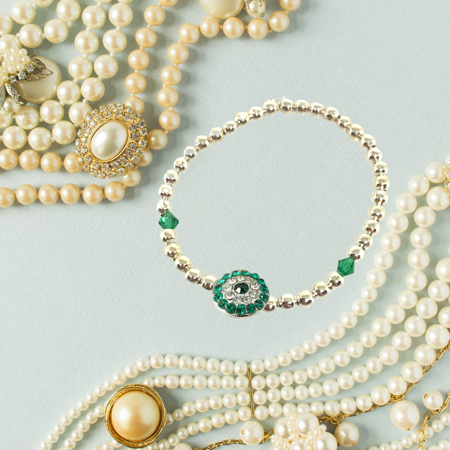 Emerald and Silver Beaded Stretch Bracelet