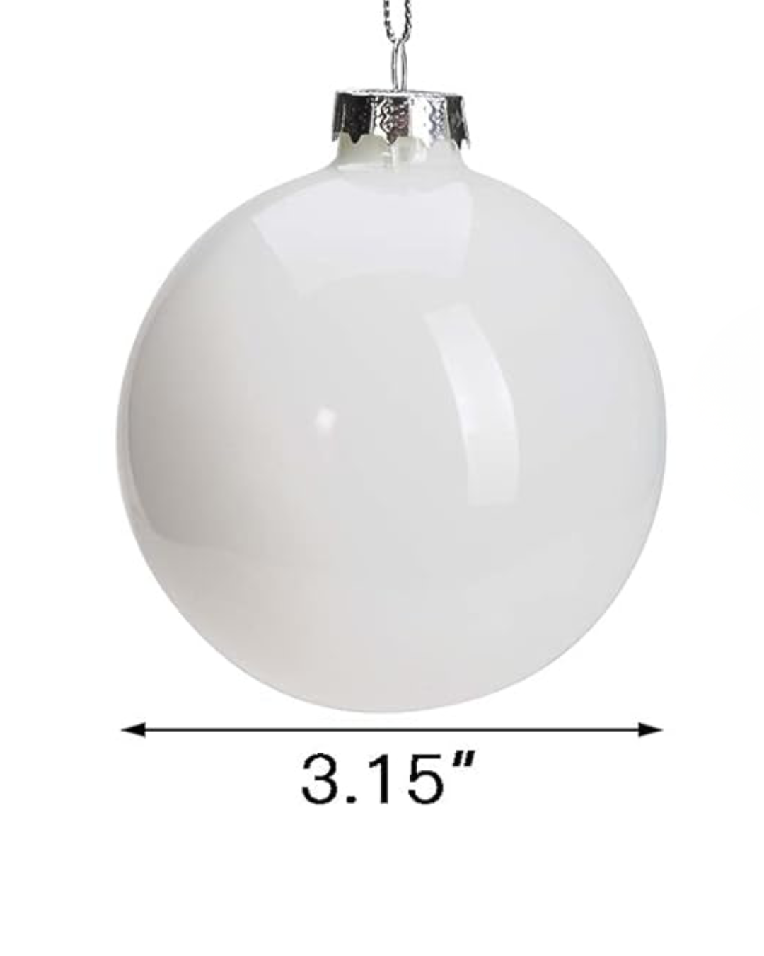White Christmas ornament with silver base and measurement label on a white background