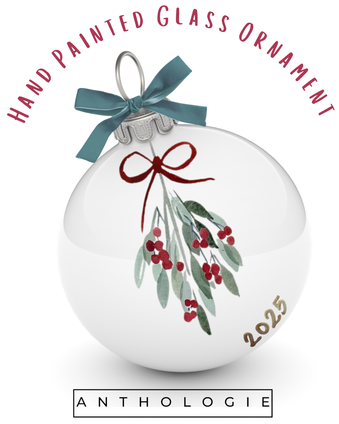 Hand-painted glass ornament with mistletoe design and blue ribbon, featuring '2025' on a white background.