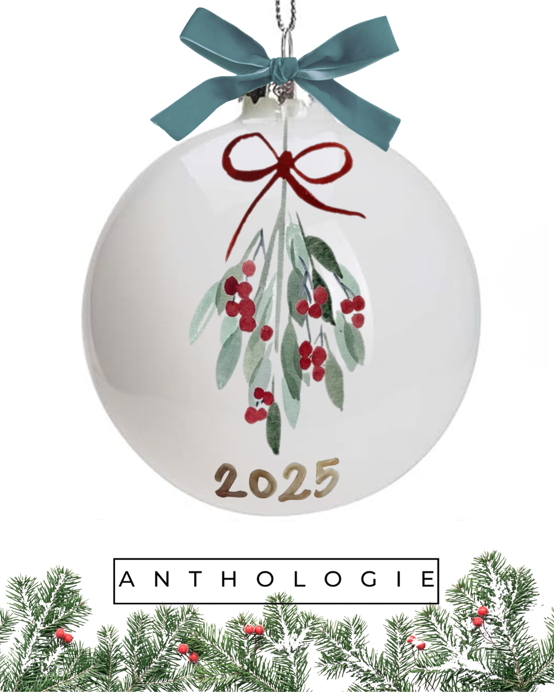 Christmas ornament with mistletoe design and '2025' on a white background, featuring the brand 'Anthologie'.
