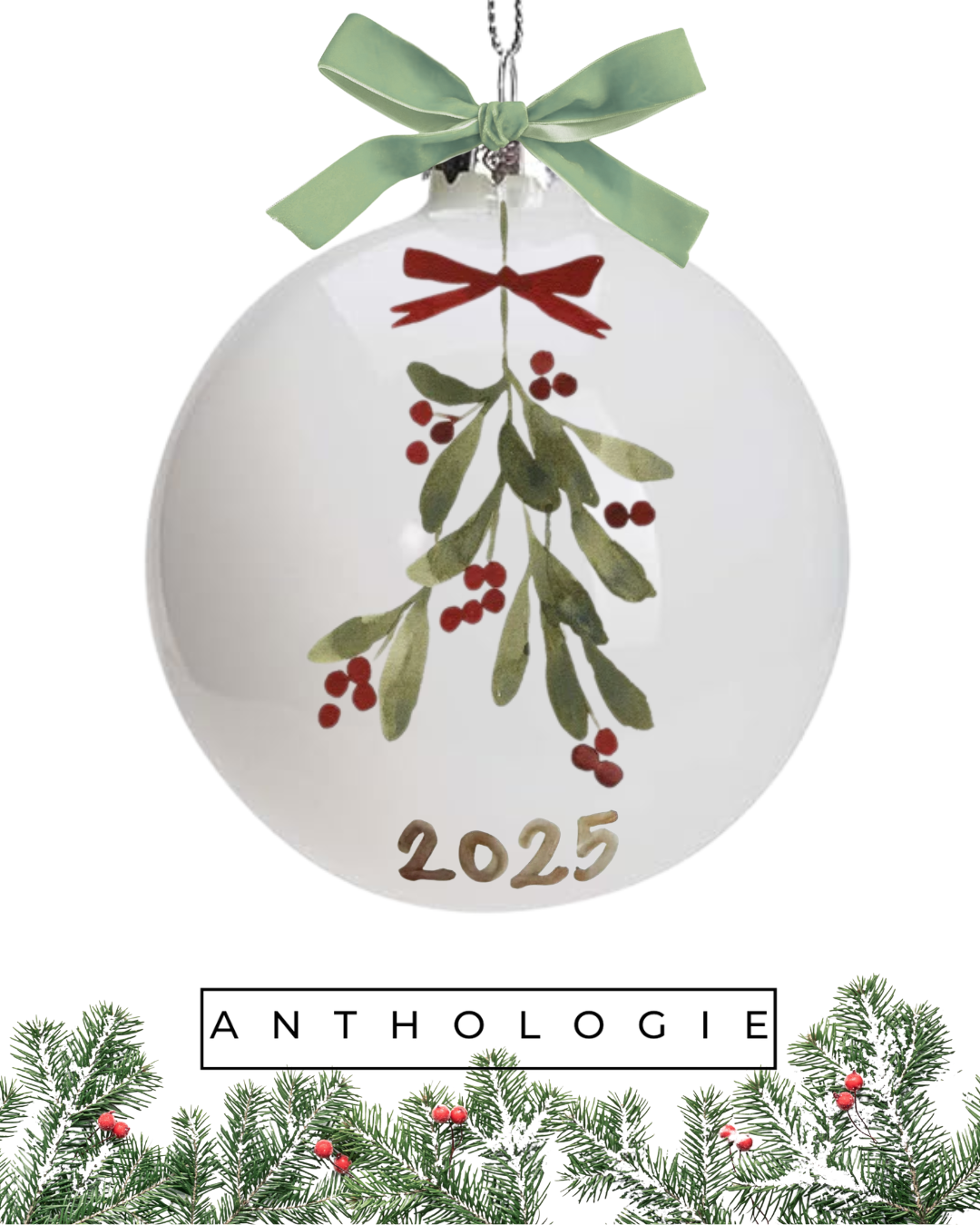 Christmas ornament with mistletoe design and '2025' text, featuring a green bow, on a white background.