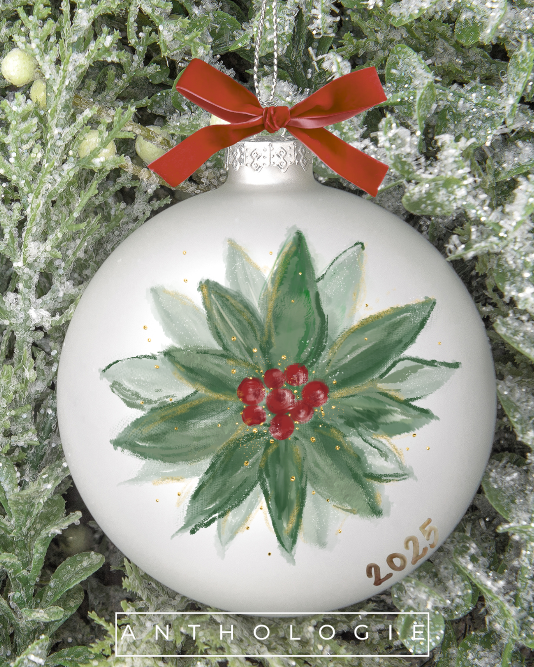 White Christmas ornament with holly design and red bow on a green leafy background